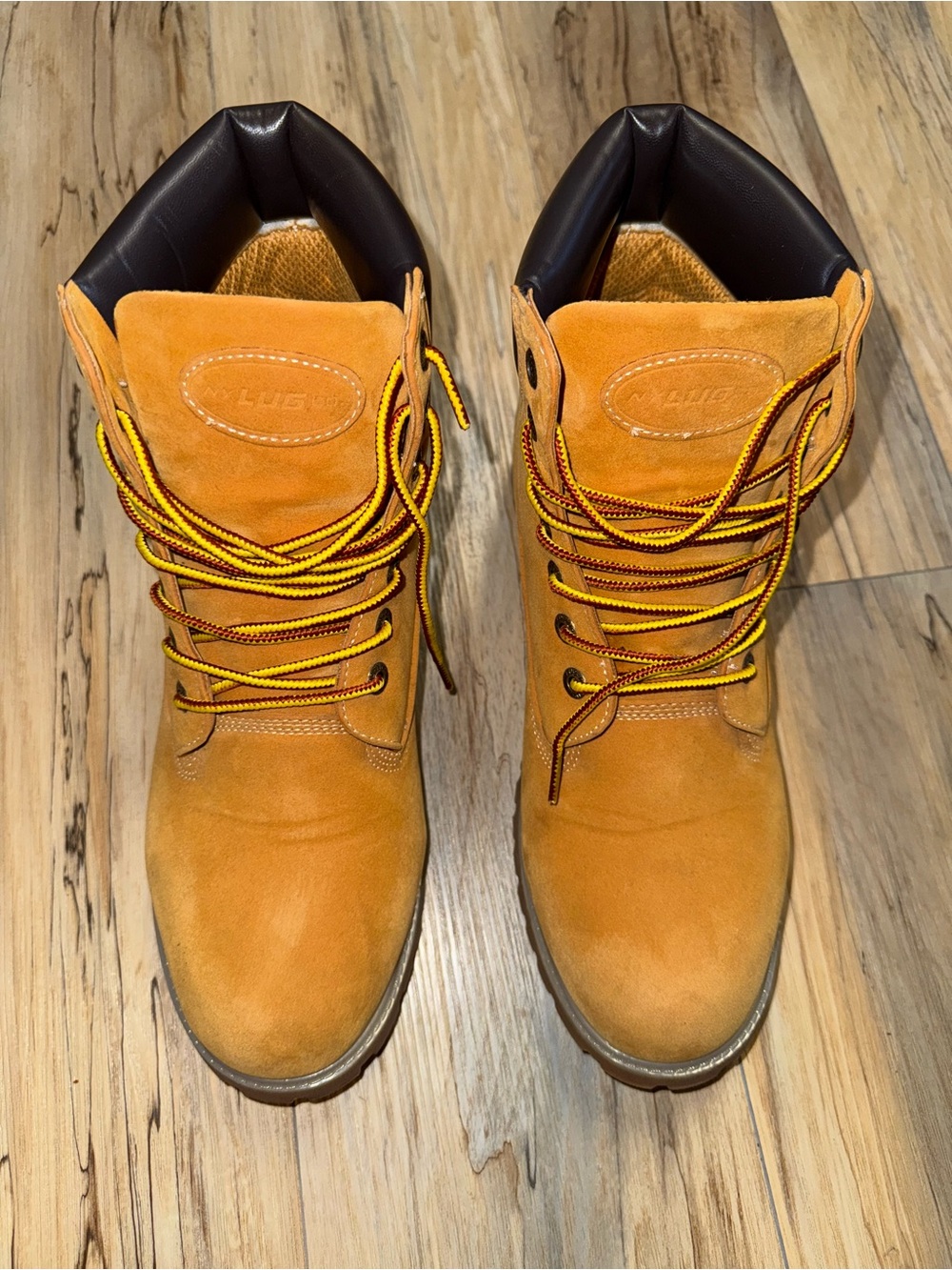Lugz Wheat Suede Work Boots with Yellow Contrast Laces